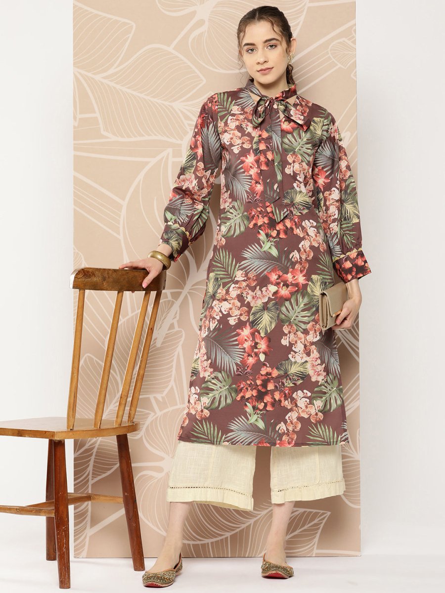 Ahalyaa Women Brown & Orange Floral Printed Crepe Kurta | Grocsy