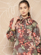 Ahalyaa Women Brown & Orange Floral Printed Crepe Kurta | Grocsy