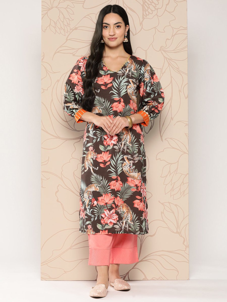 Ahalyaa Women Floral Printed Gotta Patti Crepe Kurta | Grocsy