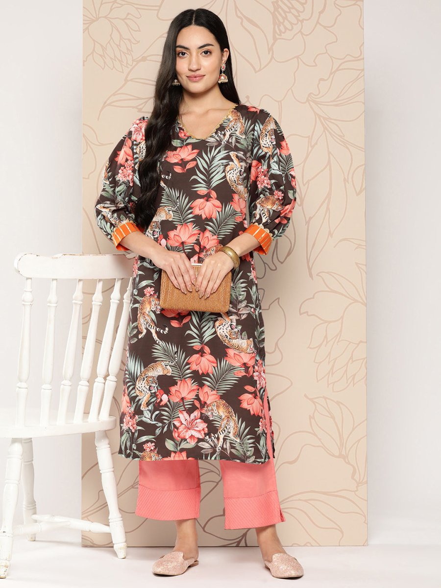 Ahalyaa Women Floral Printed Gotta Patti Crepe Kurta | Grocsy