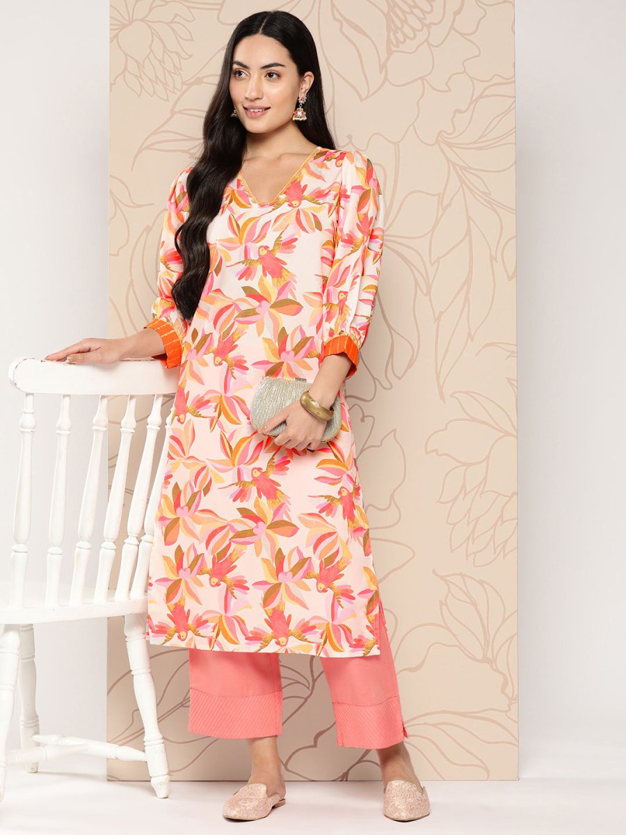 Ahalyaa Women Floral Printed Gotta Patti Crepe Kurta | Grocsy