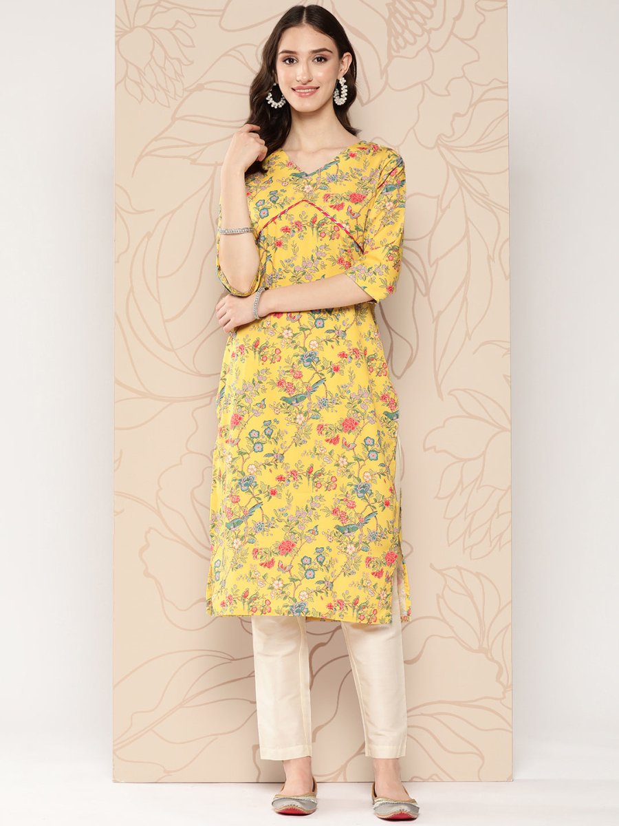 Ahalyaa Women Floral Printed Gotta Patti Crepe Kurta | Grocsy
