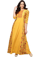 Ahalyaa Women Yellow & Orange Printed Flared Maxi Dress | Grocsy