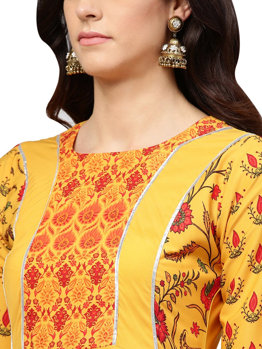 Ahalyaa Women Yellow & Orange Printed Flared Maxi Dress | Grocsy