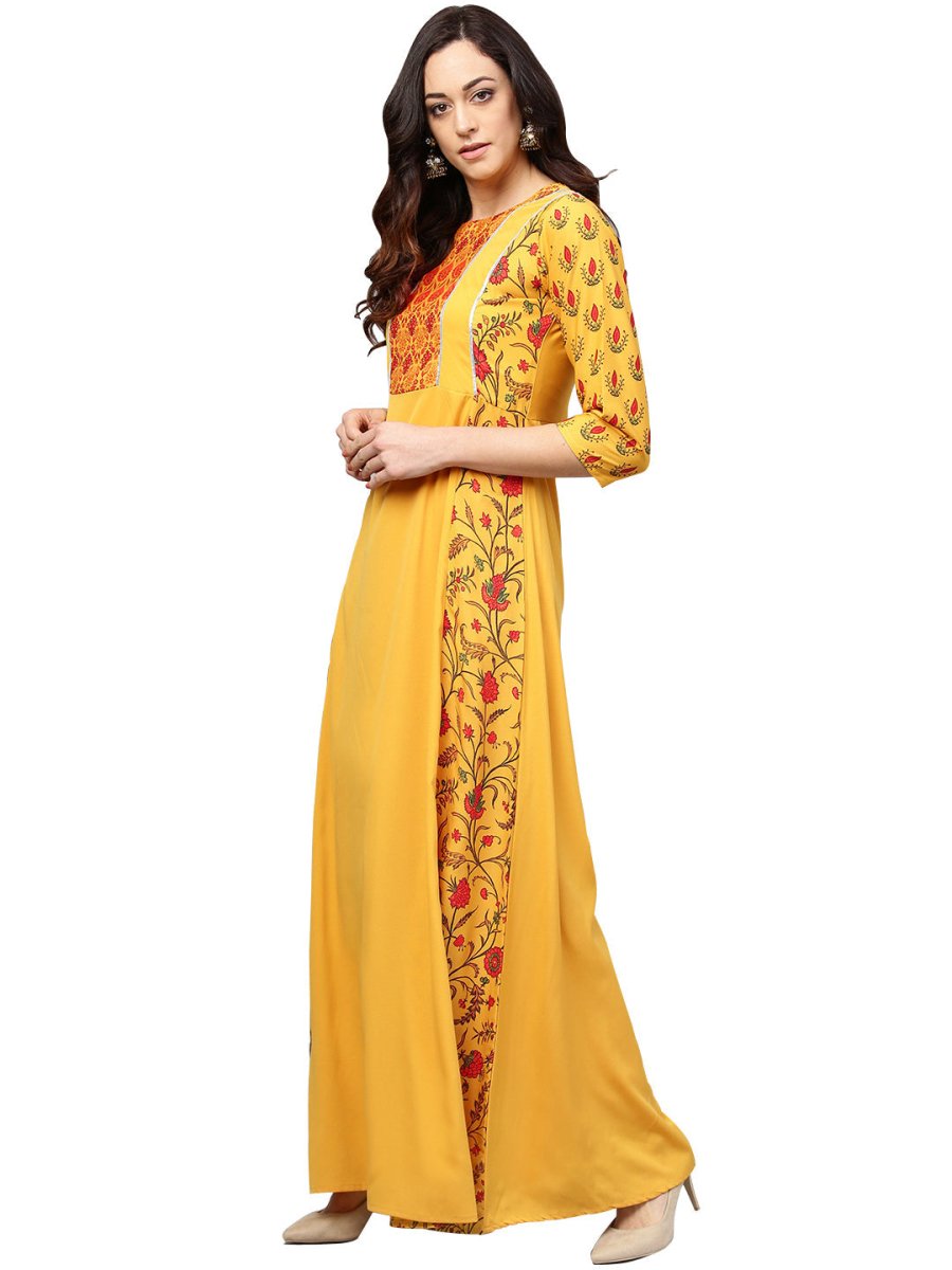 Ahalyaa Women Yellow & Orange Printed Flared Maxi Dress | Grocsy