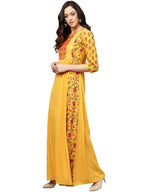 Ahalyaa Women Yellow & Orange Printed Flared Maxi Dress | Grocsy