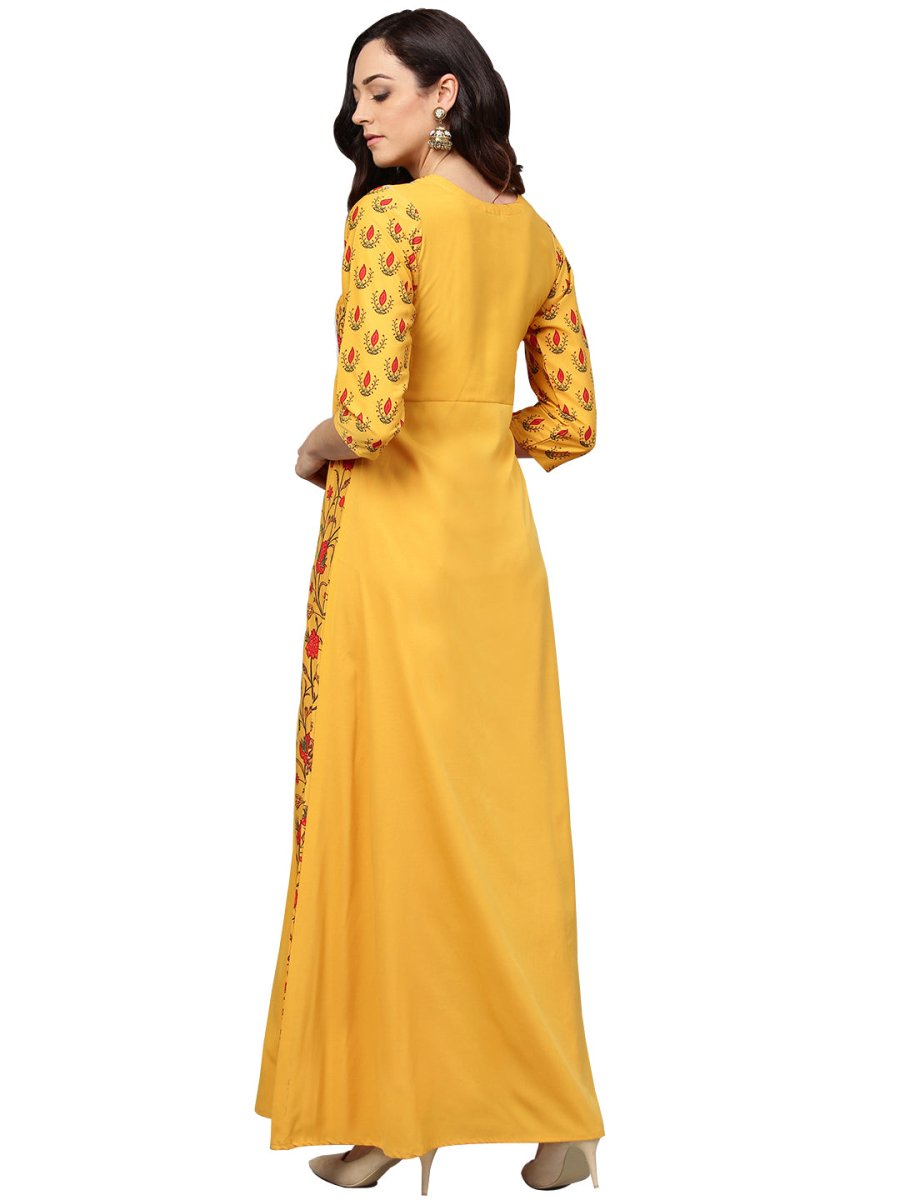 Ahalyaa Women Yellow & Orange Printed Flared Maxi Dress | Grocsy