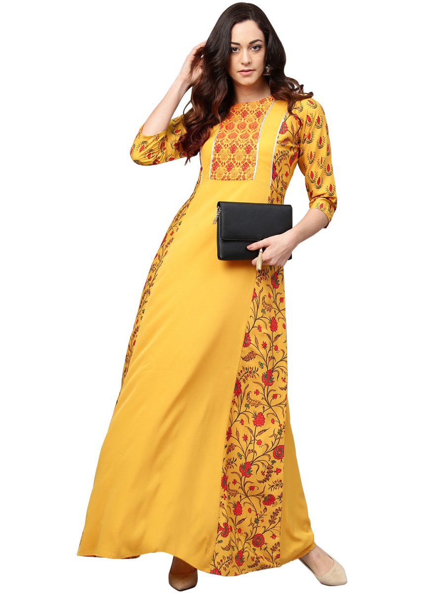 Ahalyaa Women Yellow & Orange Printed Flared Maxi Dress | Grocsy