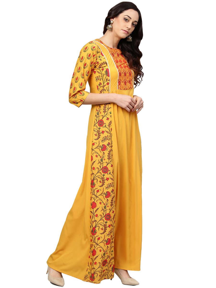 Ahalyaa Women Yellow & Orange Printed Flared Maxi Dress | Grocsy