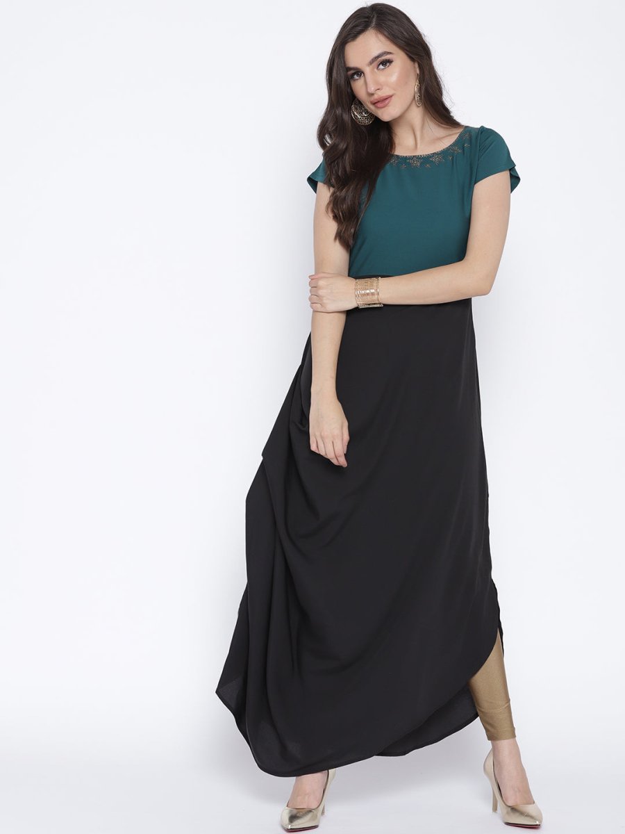 Ahalyaa Women Black & Green Colourblocked A-Line Kurta | Grocsy