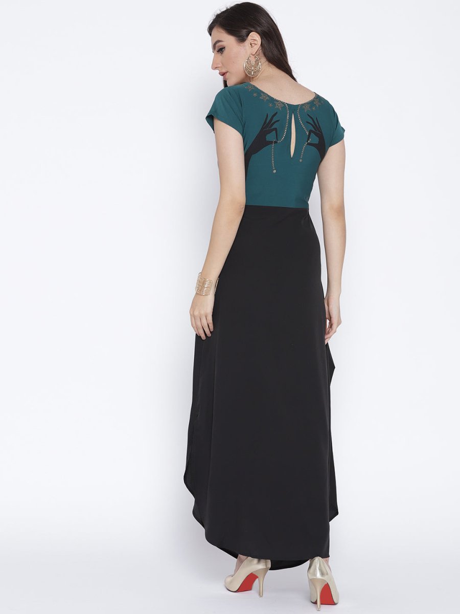 Ahalyaa Women Black & Green Colourblocked A-Line Kurta | Grocsy