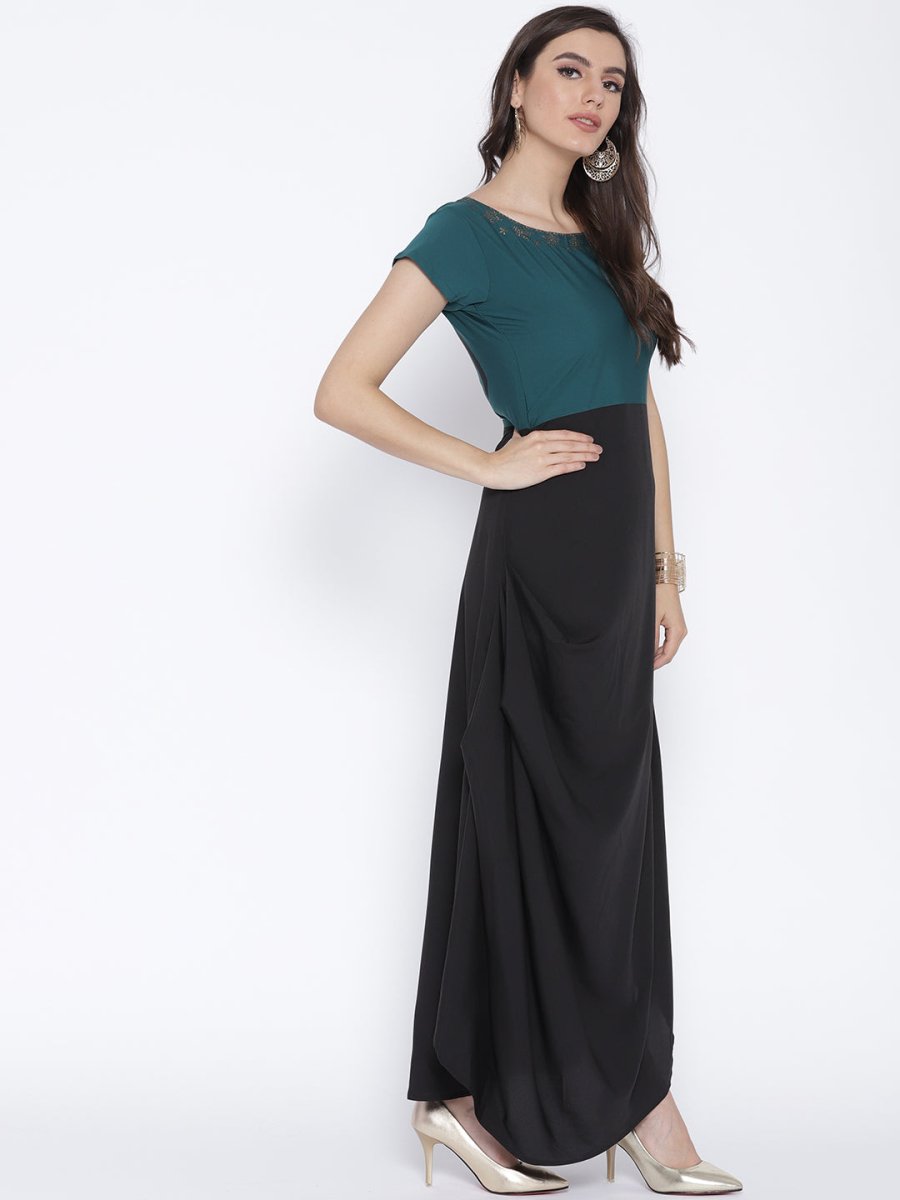 Ahalyaa Women Black & Green Colourblocked A-Line Kurta | Grocsy