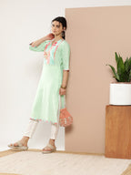 Ahalyaa Women Sea Green & Pink Striped Gotta Patti Floral Crepe Kurta | Grocsy