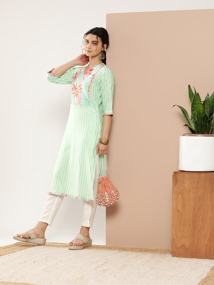 Ahalyaa Women Sea Green & Pink Striped Gotta Patti Floral Crepe Kurta | Grocsy