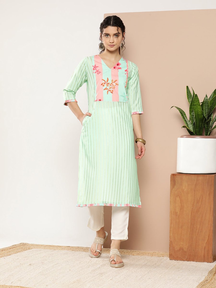 Ahalyaa Women Sea Green & Pink Striped Gotta Patti Floral Crepe Kurta | Grocsy