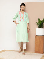 Ahalyaa Women Sea Green & Pink Striped Gotta Patti Floral Crepe Kurta | Grocsy