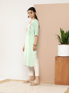 Ahalyaa Women Sea Green & Pink Striped Gotta Patti Floral Crepe Kurta | Grocsy