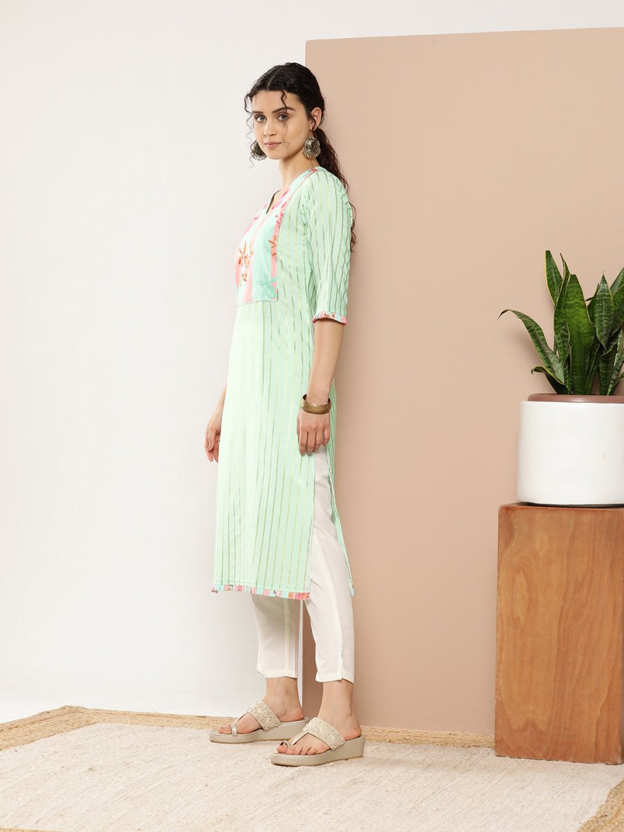 Ahalyaa Women Sea Green & Pink Striped Gotta Patti Floral Crepe Kurta | Grocsy
