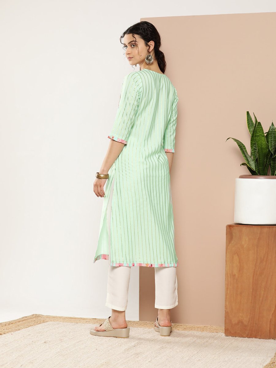 Ahalyaa Women Sea Green & Pink Striped Gotta Patti Floral Crepe Kurta | Grocsy
