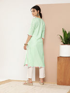 Ahalyaa Women Sea Green & Pink Striped Gotta Patti Floral Crepe Kurta | Grocsy
