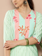 Ahalyaa Women Sea Green & Pink Striped Gotta Patti Floral Crepe Kurta | Grocsy