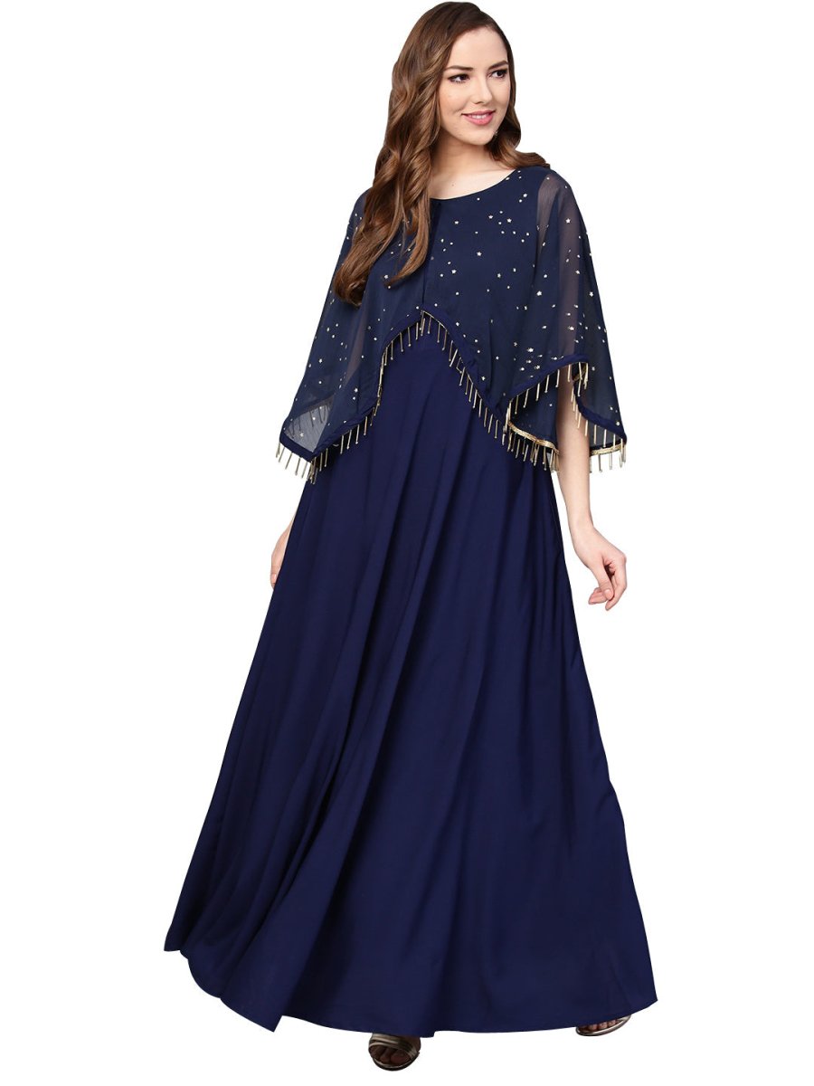 Ahalyaa Women Navy Blue Solid A-Line Layered Beautiful Kurta | Grocsy