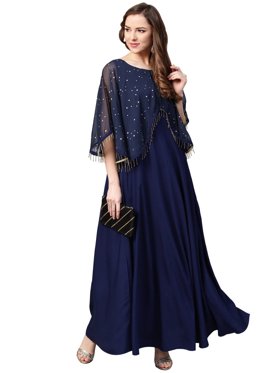 Ahalyaa Women Navy Blue Solid A-Line Layered Beautiful Kurta | Grocsy