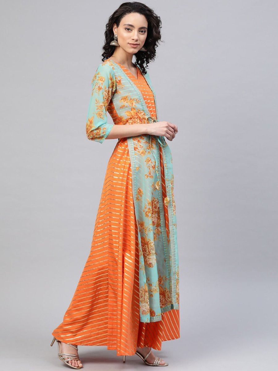 Ahalyaa Women Orange & Gold Ethnic Kurta Dress | Grocsy