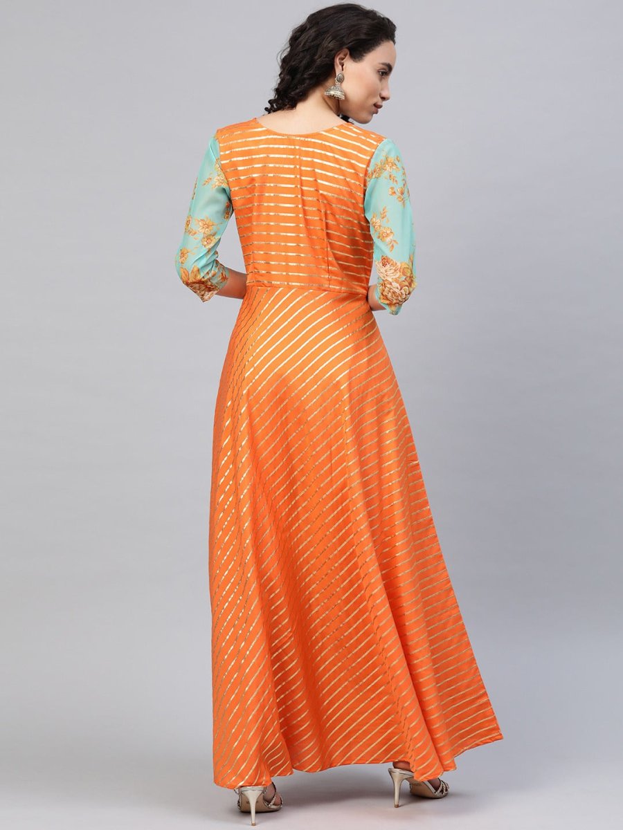 Ahalyaa Women Orange & Gold Ethnic Kurta Dress | Grocsy