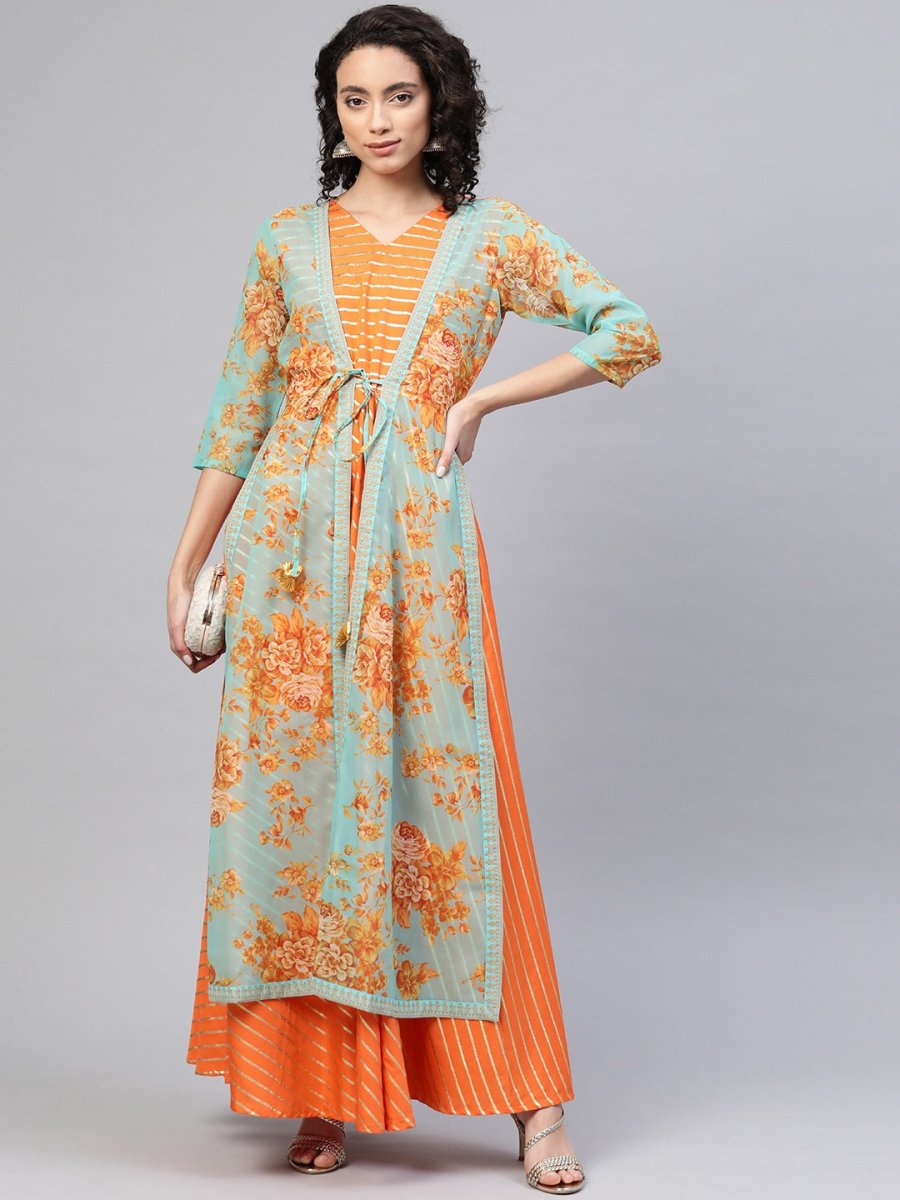 Ahalyaa Women Orange & Gold Ethnic Kurta Dress | Grocsy