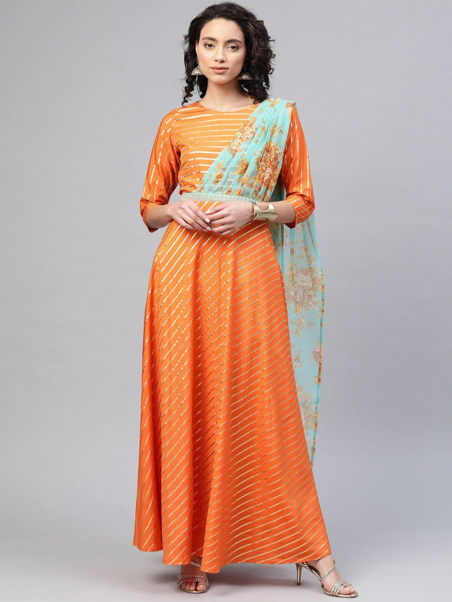 Ahalyaa Women Orange & Gold Ethnic Kurta Saree Dress | Grocsy