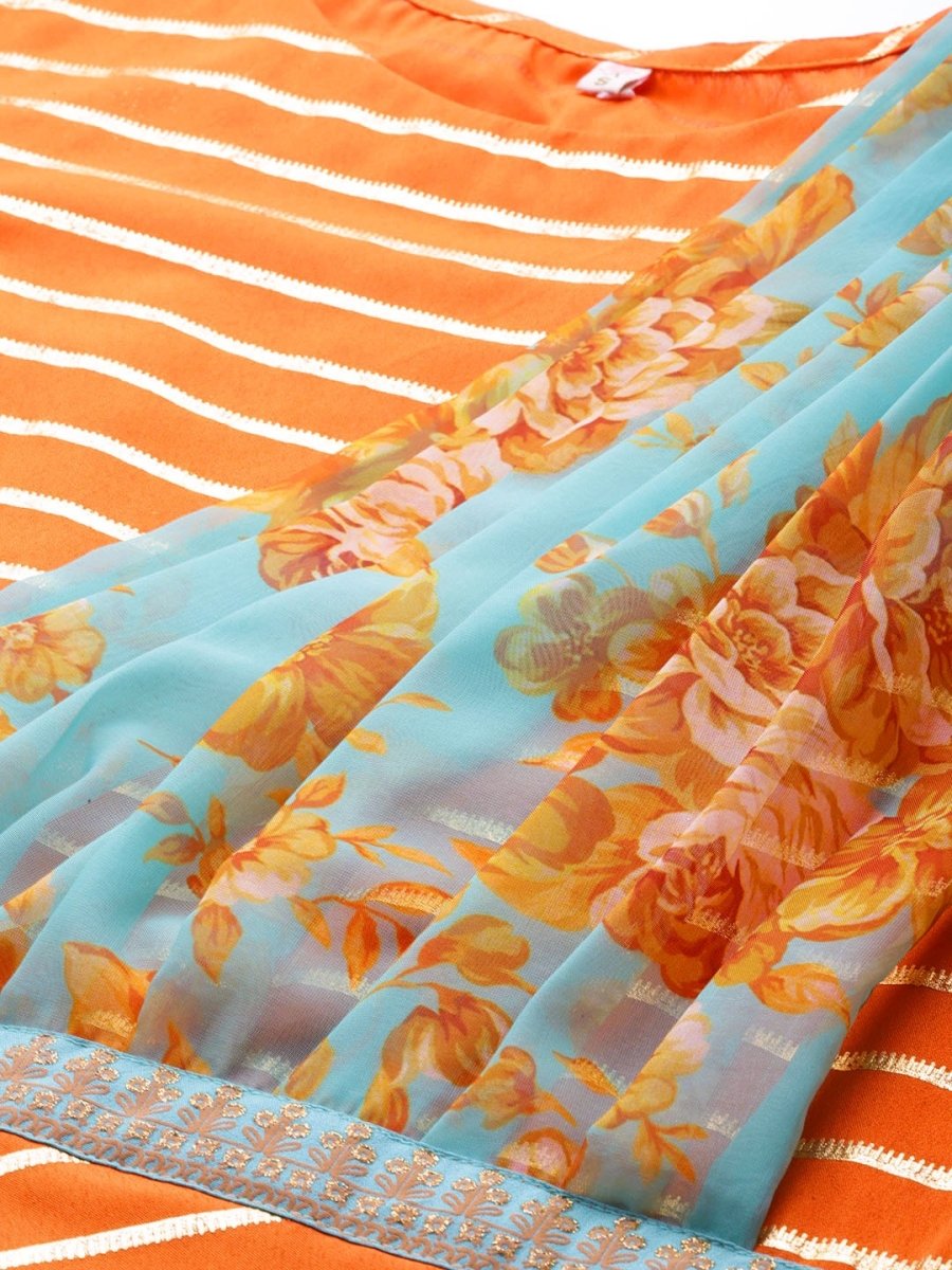 Ahalyaa Women Orange & Gold Ethnic Kurta Saree Dress | Grocsy