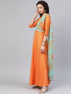 Ahalyaa Women Orange & Gold Ethnic Kurta Saree Dress | Grocsy