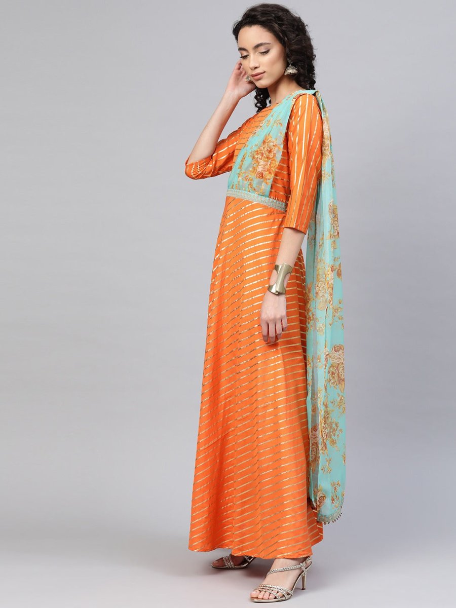 Ahalyaa Women Orange & Gold Ethnic Kurta Saree Dress | Grocsy