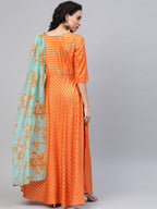Ahalyaa Women Orange & Gold Ethnic Kurta Saree Dress | Grocsy