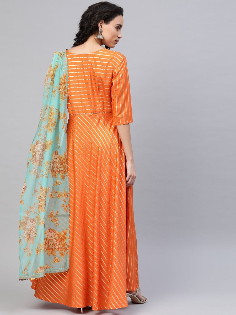 Ahalyaa Women Orange & Gold Ethnic Kurta Saree Dress | Grocsy