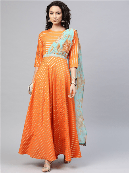 Ahalyaa Women Orange & Gold Ethnic Kurta Saree Dress | Grocsy