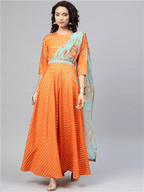 Ahalyaa Women Orange & Gold Ethnic Kurta Saree Dress | Grocsy