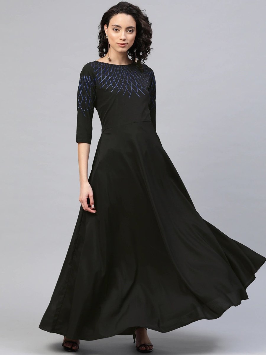 Ahalyaa Women Black Long Flared Kurta Dress | Grocsy