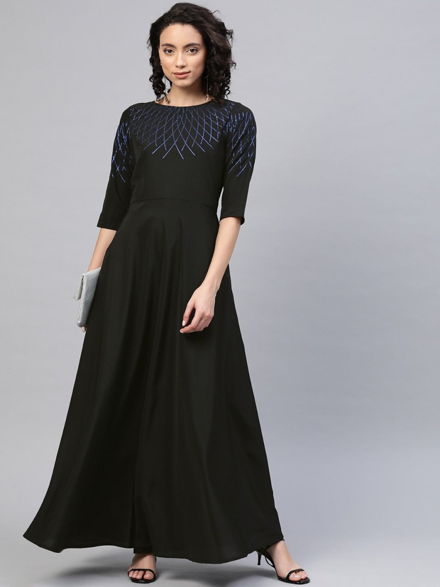 Ahalyaa Women Black Long Flared Kurta Dress | Grocsy