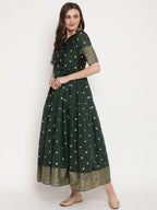 Ahalyaa Women Beautiful Green Print Work Chanderi Silk Anarkali Kurta | Grocsy