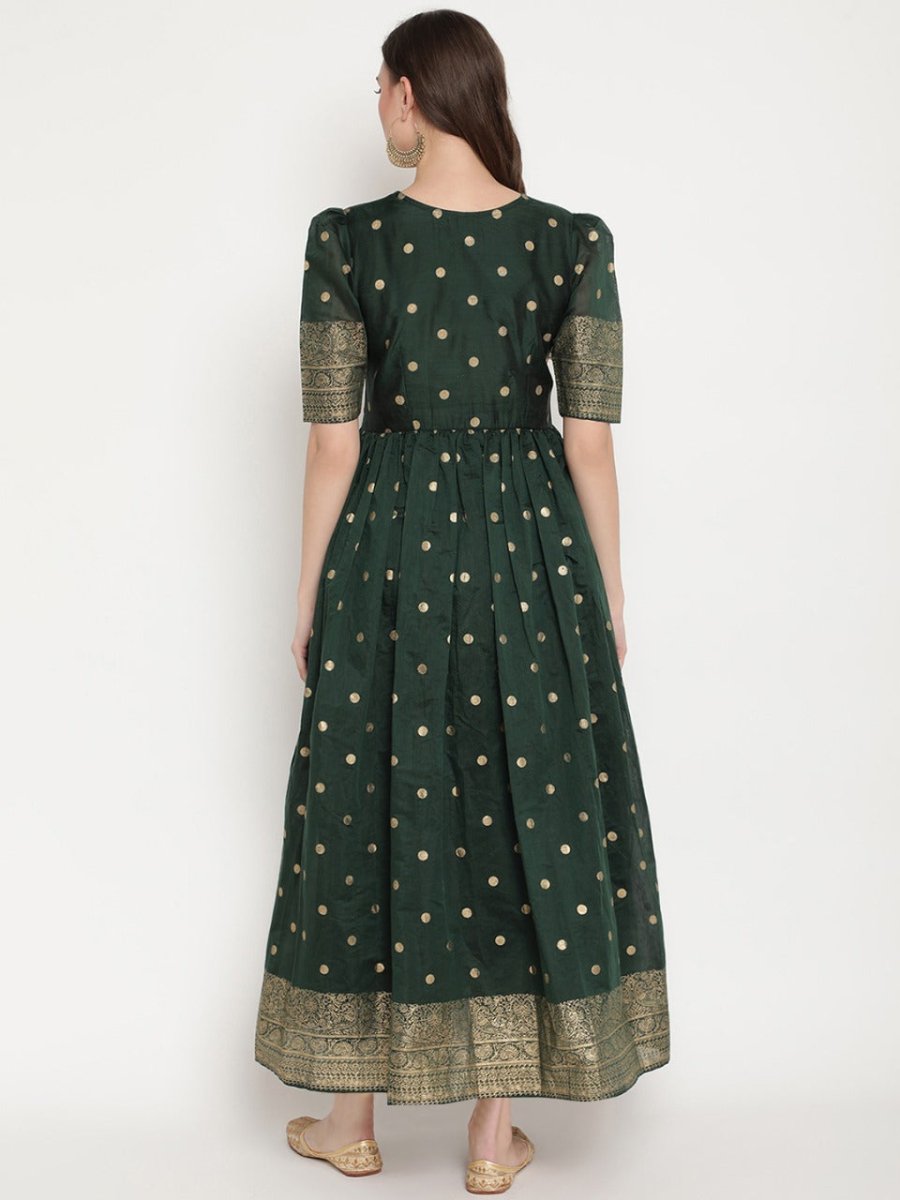 Ahalyaa Women Beautiful Green Print Work Chanderi Silk Anarkali Kurta | Grocsy