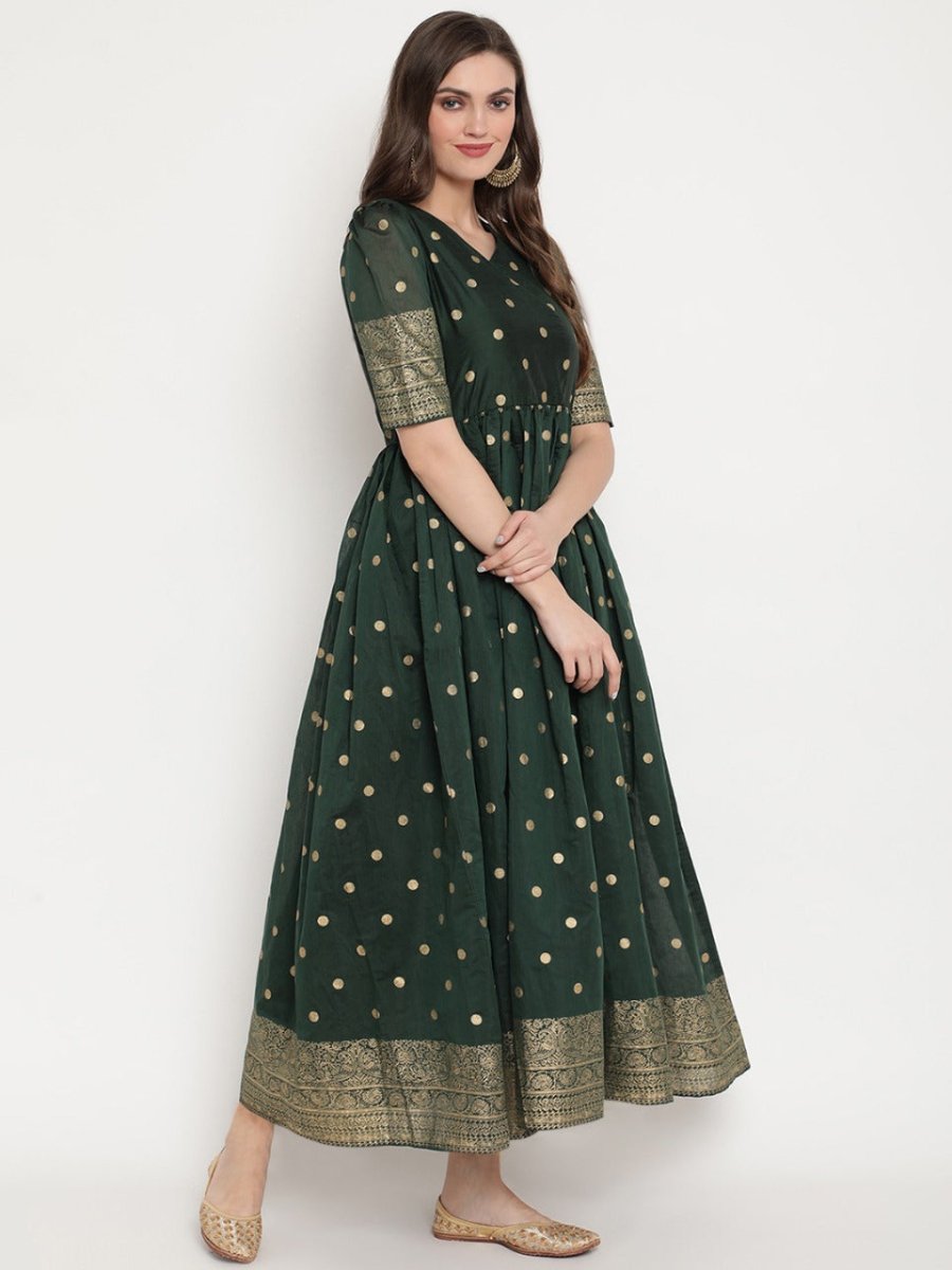 Ahalyaa Women Beautiful Green Print Work Chanderi Silk Anarkali Kurta | Grocsy
