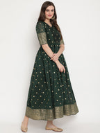 Ahalyaa Women Beautiful Green Print Work Chanderi Silk Anarkali Kurta | Grocsy