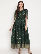 Ahalyaa Women Beautiful Green Print Work Chanderi Silk Anarkali Kurta | Grocsy
