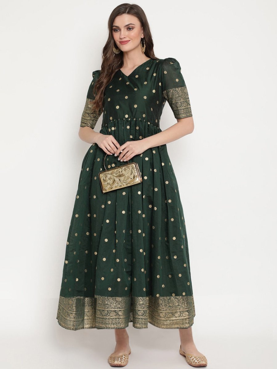 Ahalyaa Women Beautiful Green Print Work Chanderi Silk Anarkali Kurta | Grocsy