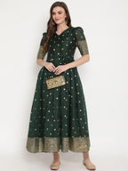 Ahalyaa Women Beautiful Green Print Work Chanderi Silk Anarkali Kurta | Grocsy