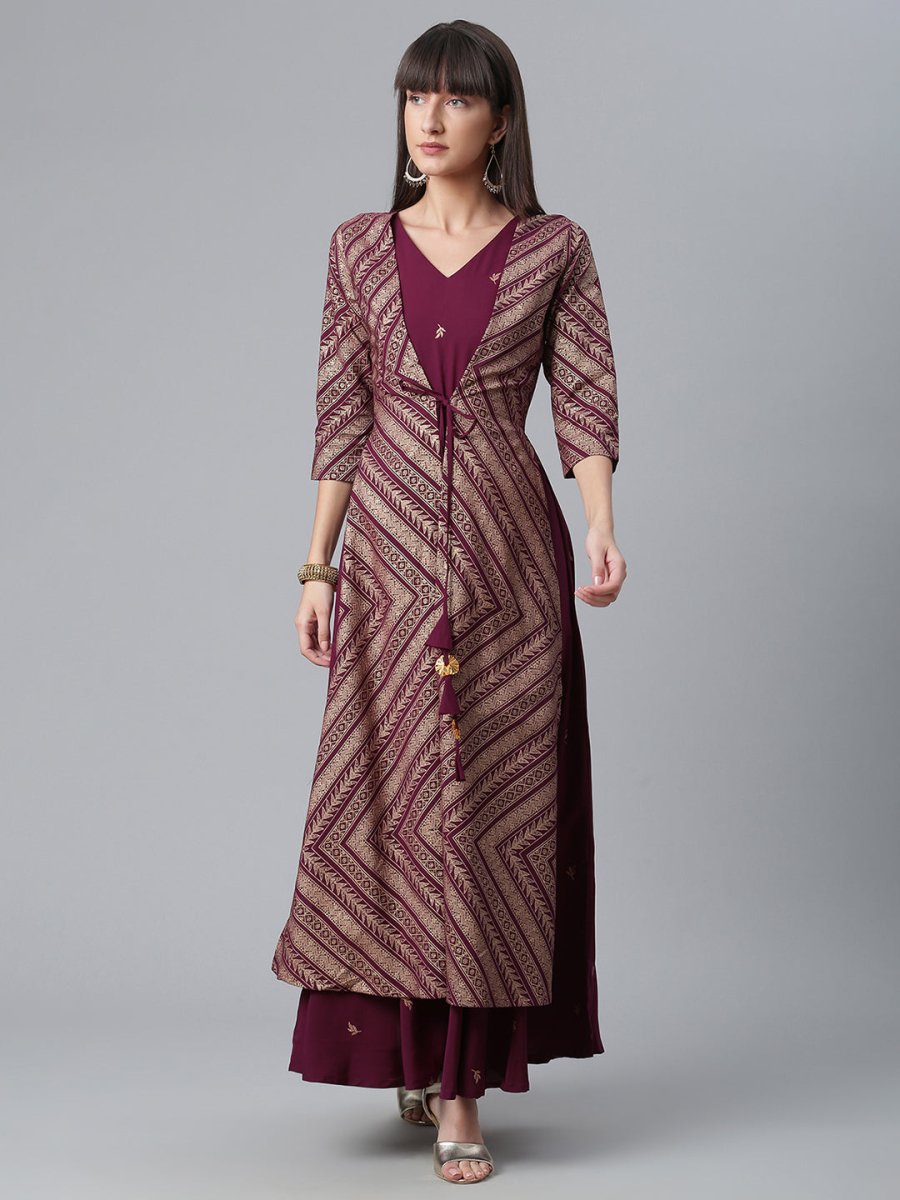Ahalyaa Crepe Wine Glitter Print Kurta With Jacket | Grocsy