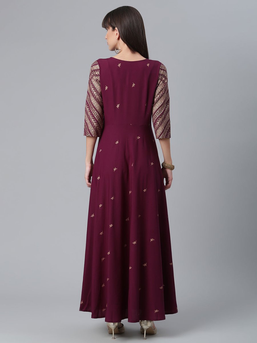 Ahalyaa Crepe Wine Glitter Print Kurta With Jacket | Grocsy