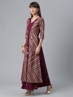 Ahalyaa Crepe Wine Glitter Print Kurta With Jacket | Grocsy